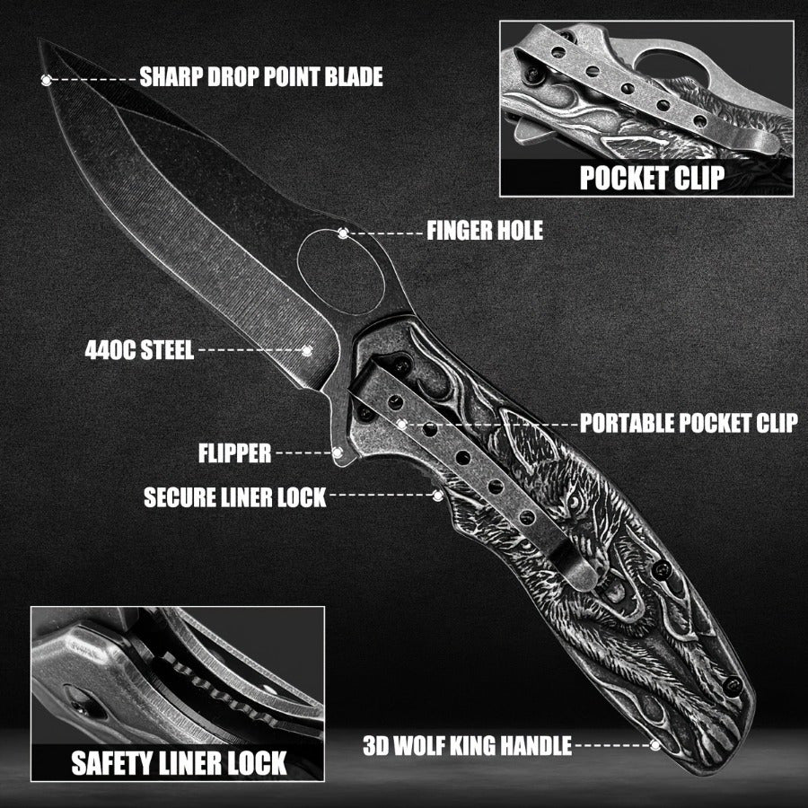 9N_K1 3D Embossed Wolf King 7.8-inch Folding Knife with a 3.5-inch Blade - The net weight of the bare knife is 220 grams (approximately 7.76 ounces).