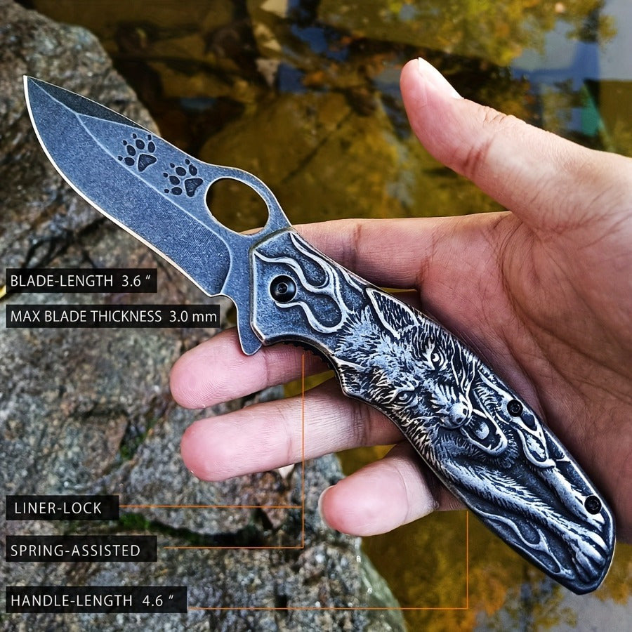 9N_K1 3D Embossed Wolf King 7.8-inch Folding Knife with a 3.5-inch Blade - The net weight of the bare knife is 220 grams (approximately 7.76 ounces).