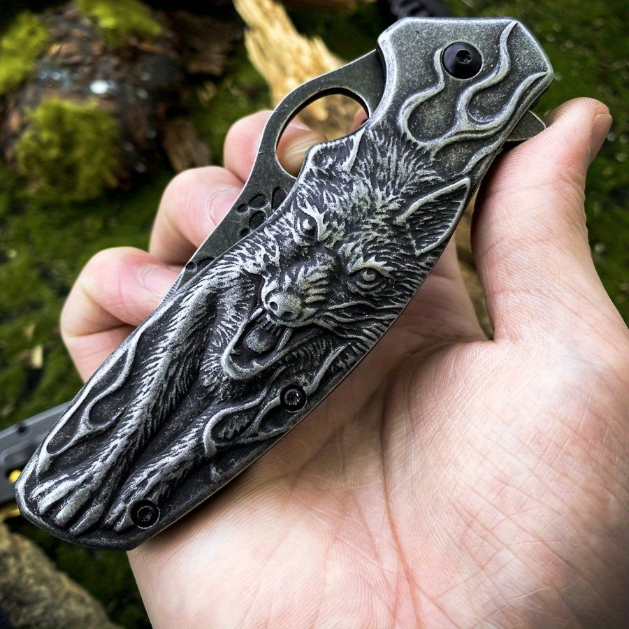 9N_K1 3D Embossed Wolf King 7.8-inch Folding Knife with a 3.5-inch Blade - The net weight of the bare knife is 220 grams (approximately 7.76 ounces).