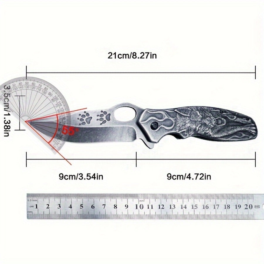 9N_K1 3D Embossed Wolf King 7.8-inch Folding Knife with a 3.5-inch Blade - The net weight of the bare knife is 220 grams (approximately 7.76 ounces).