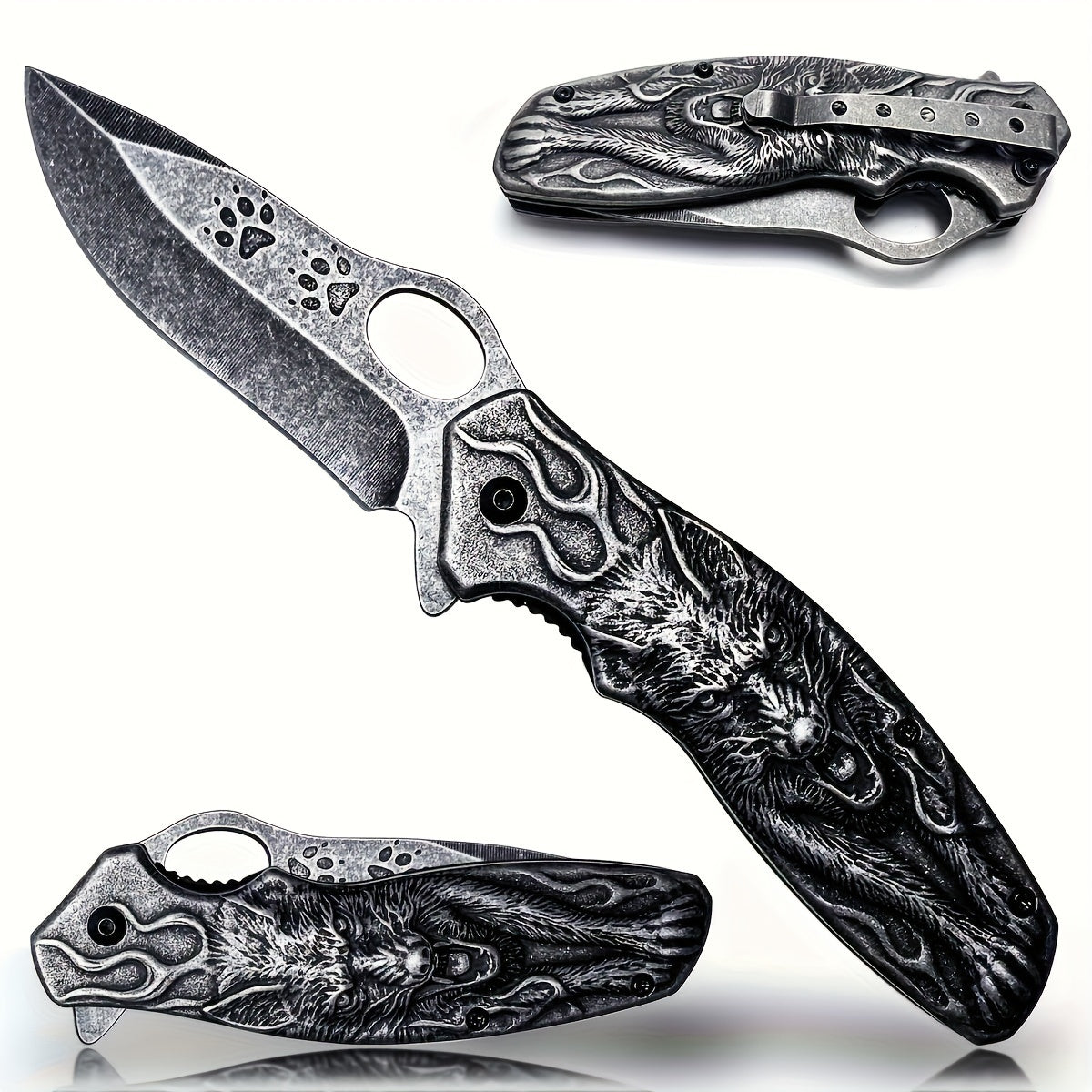9N_K1 3D Embossed Wolf King 7.8-inch Folding Knife with a 3.5-inch Blade - The net weight of the bare knife is 220 grams (approximately 7.76 ounces).
